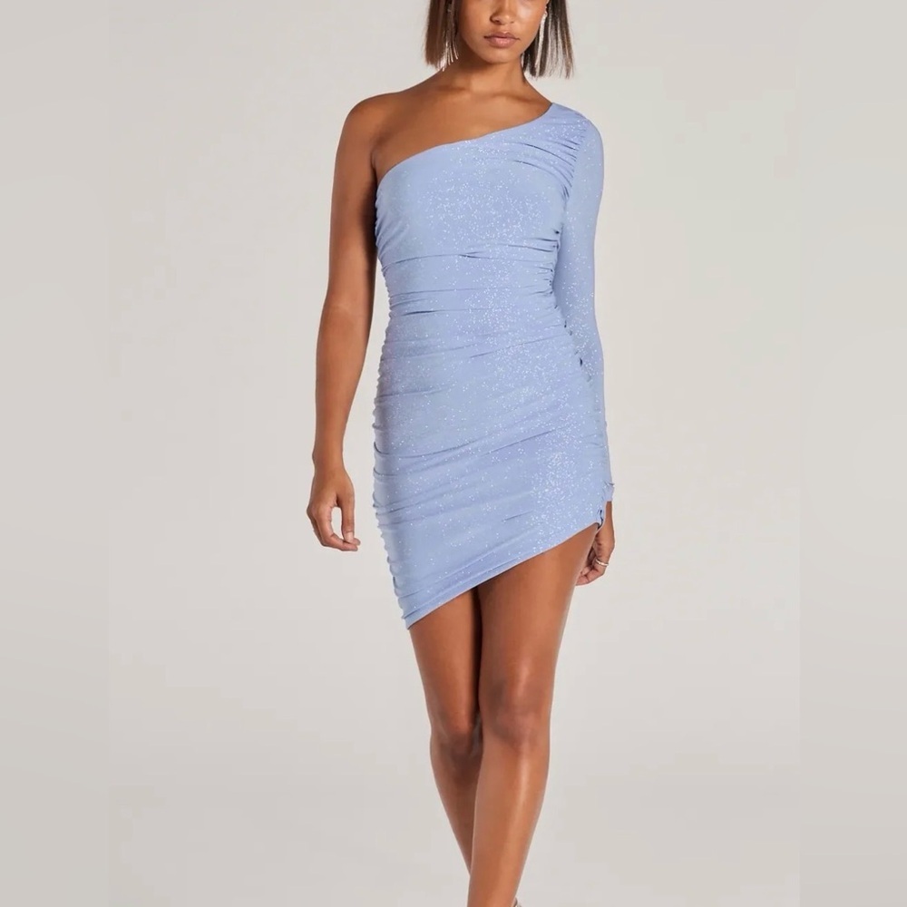 Windsor NWT blue glitter one shoulder mini dress, large
